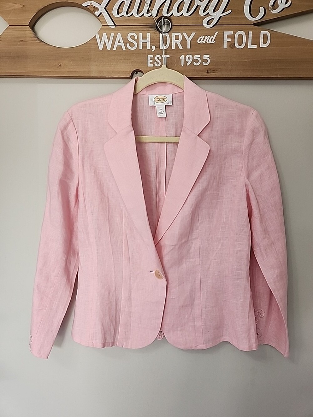 Talbots Pink 100% Linen Blazer Floral Embroidery Cutwork Hem Cuffs Women's Sz 4